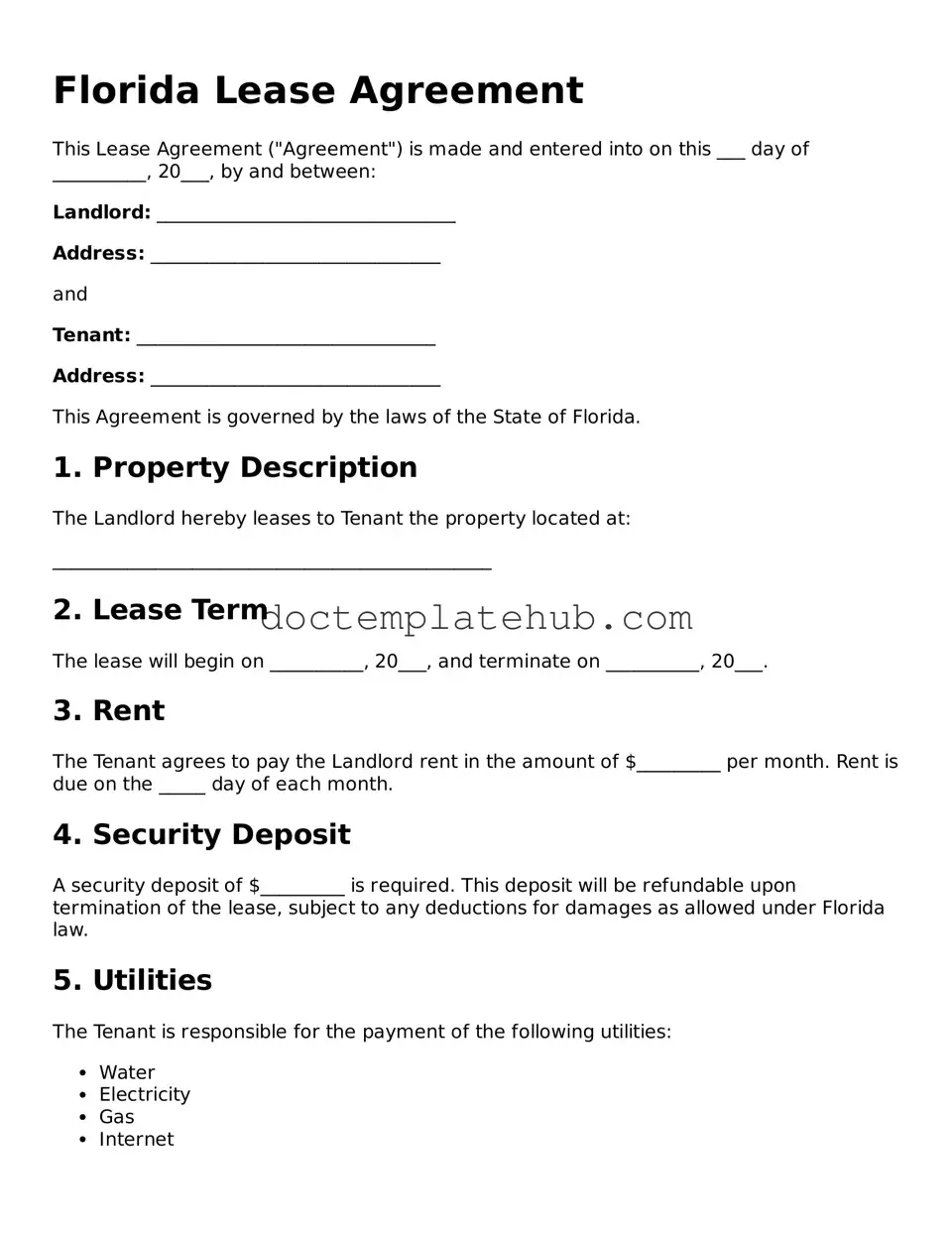 Fillable Lease Agreement Template for Florida State