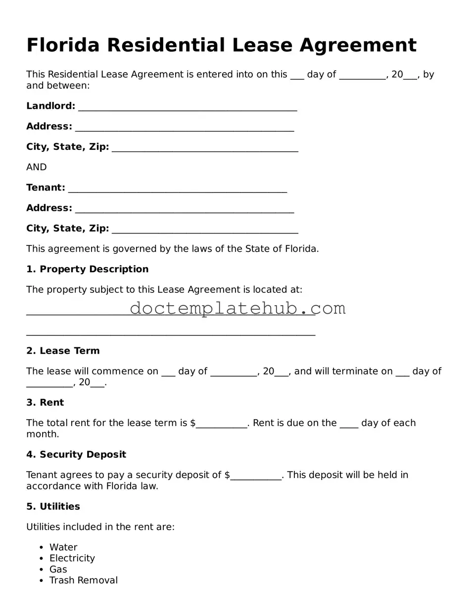 Fillable Residential Lease Agreement Template for Florida State