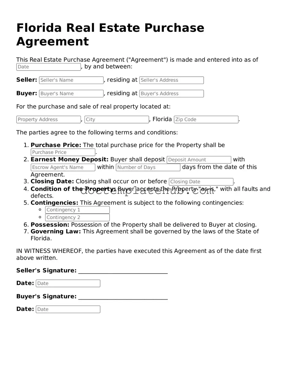 Fillable Real Estate Purchase Agreement Template for Florida State