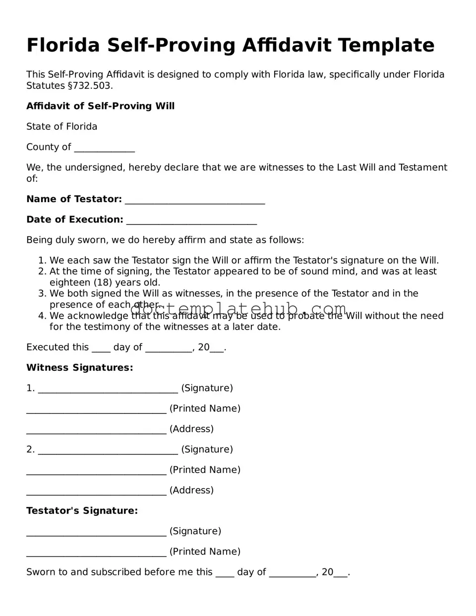 Fillable Self-Proving Affidavit Template for Florida State