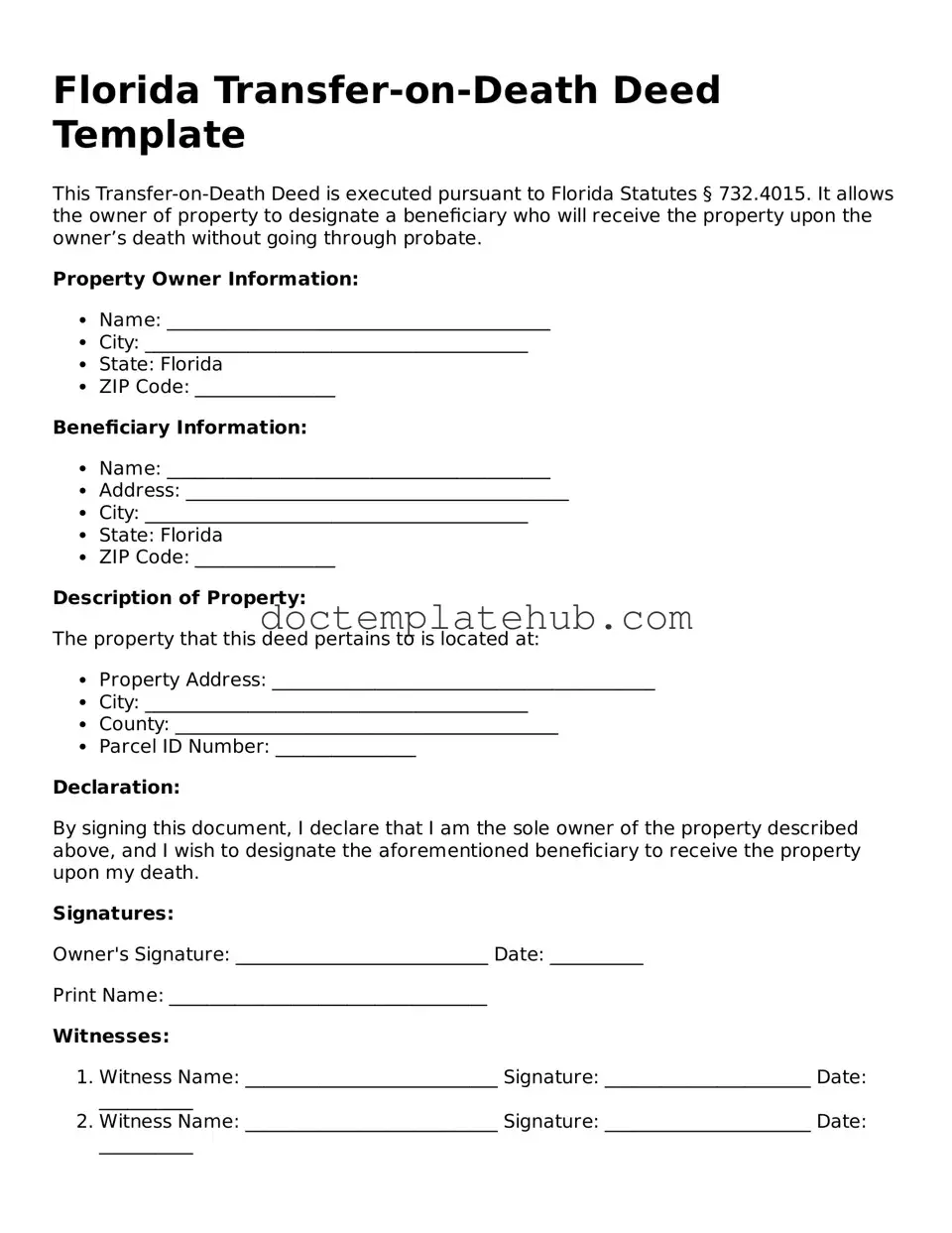 Fillable Transfer-on-Death Deed Template for Florida State