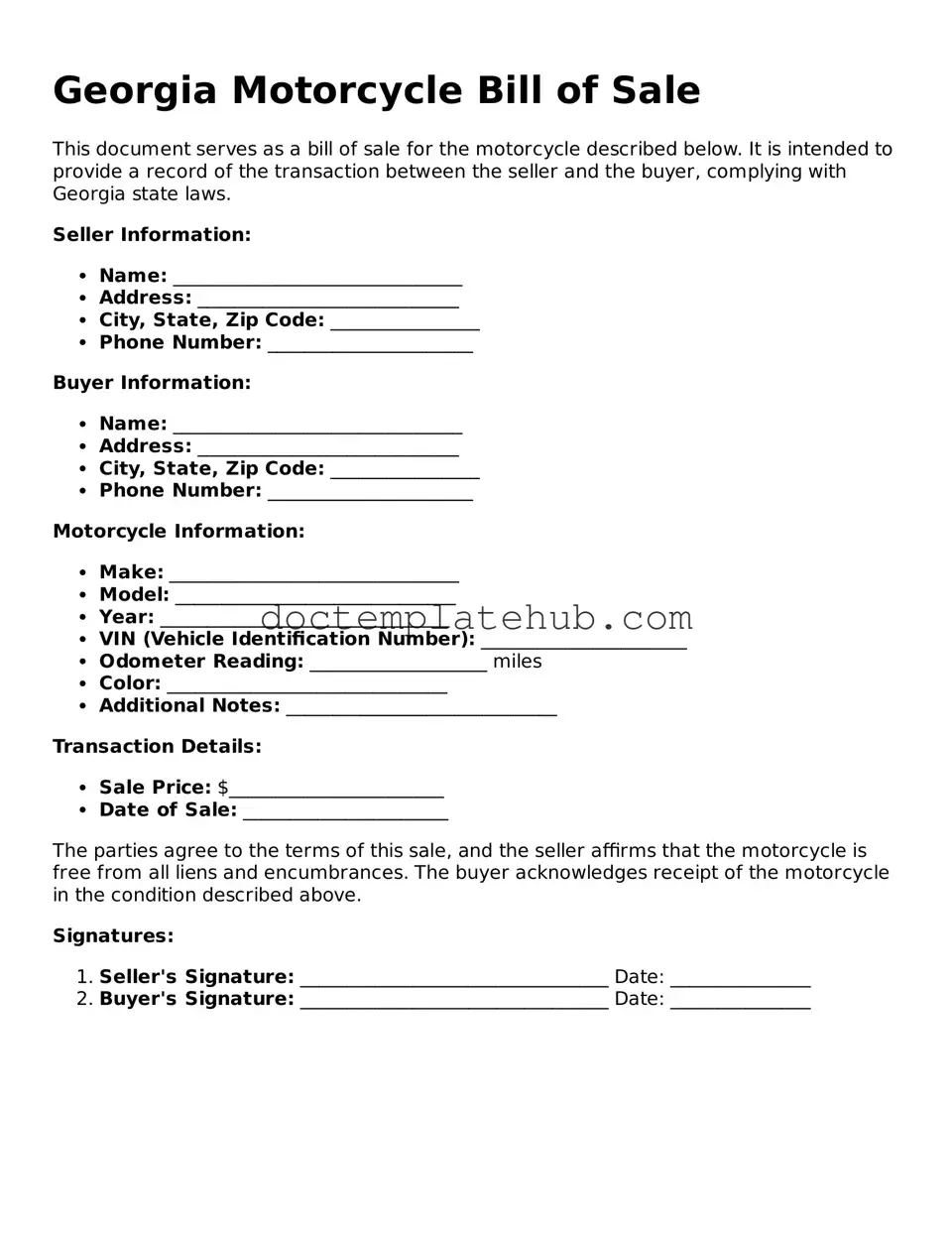 Fillable Motorcycle Bill of Sale Template for Georgia State