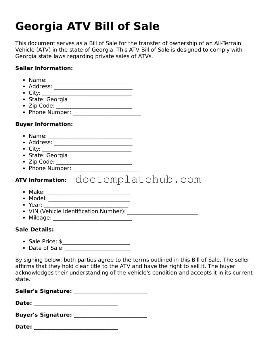 Fillable ATV Bill of Sale Template for Georgia State