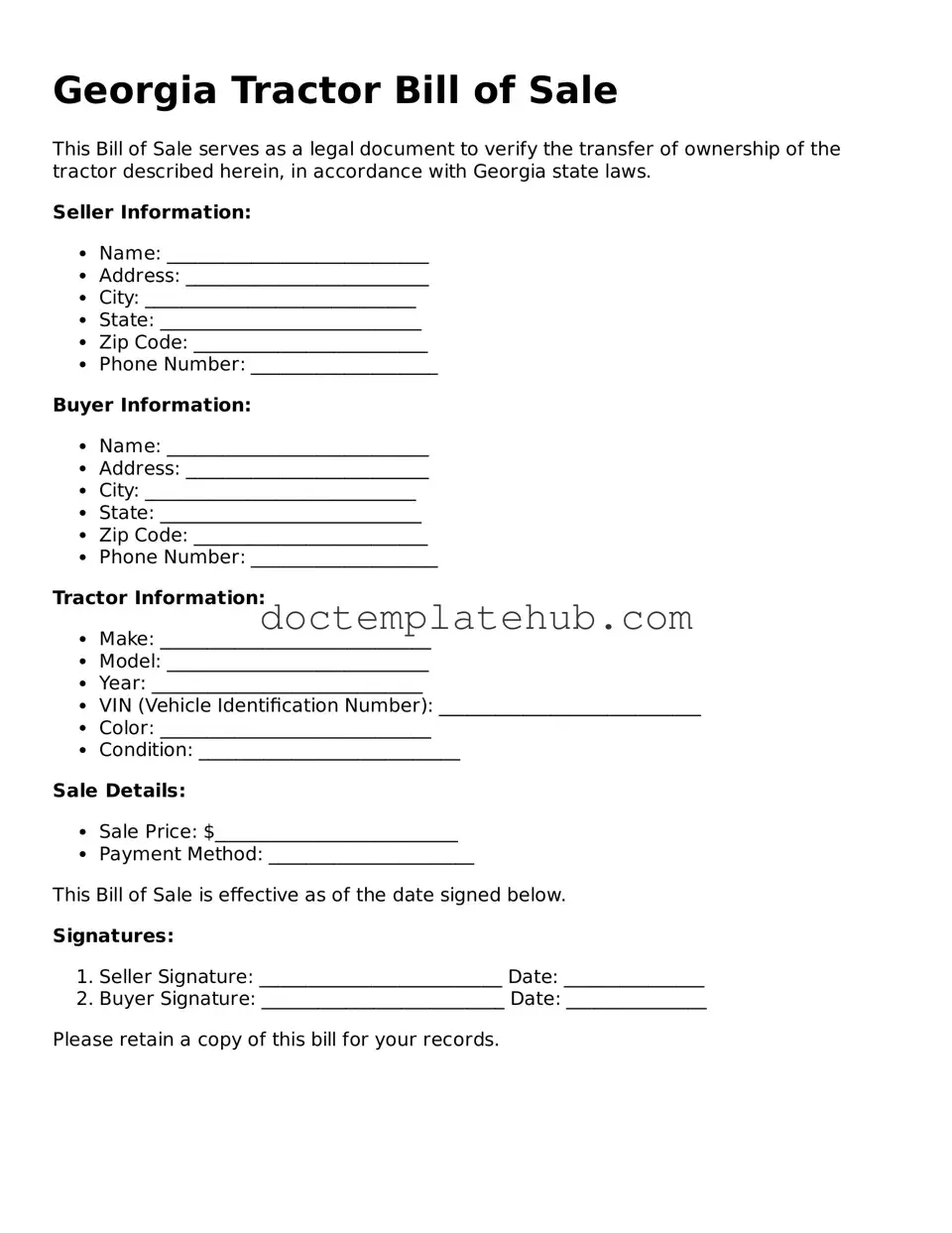 Fillable Tractor Bill of Sale Template for Georgia State