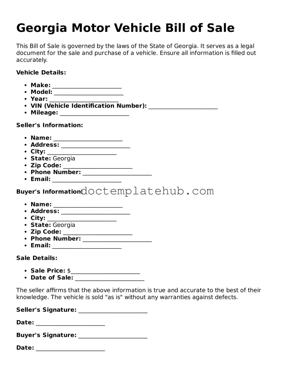 Fillable Motor Vehicle Bill of Sale Template for Georgia State
