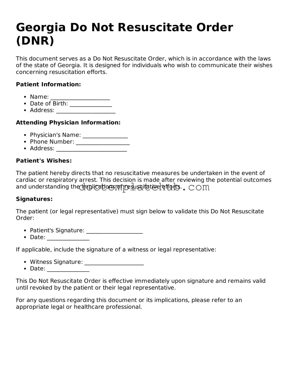 Fillable Do Not Resuscitate Order Template for Georgia State