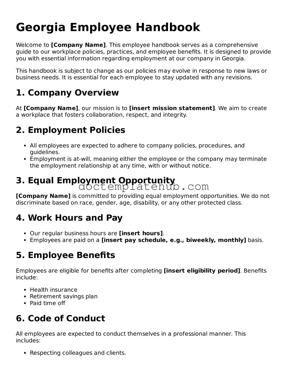 Fillable Employee Handbook Template for Georgia State