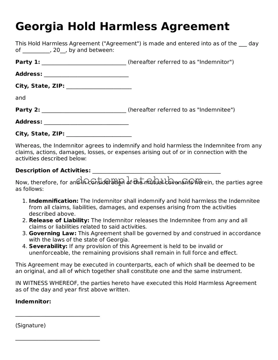 Fillable Hold Harmless Agreement Template for Georgia State