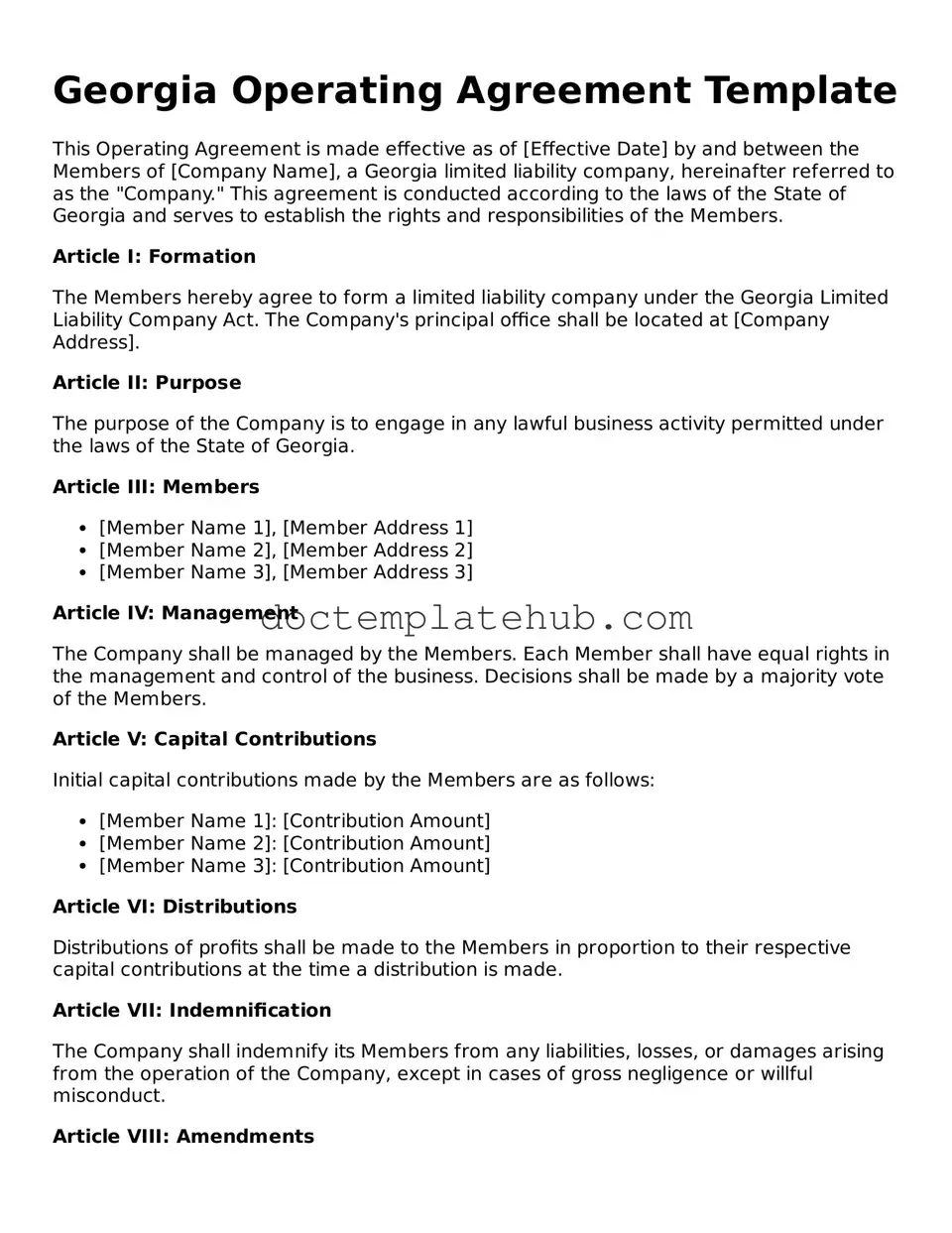 Fillable Operating Agreement Template for Georgia State