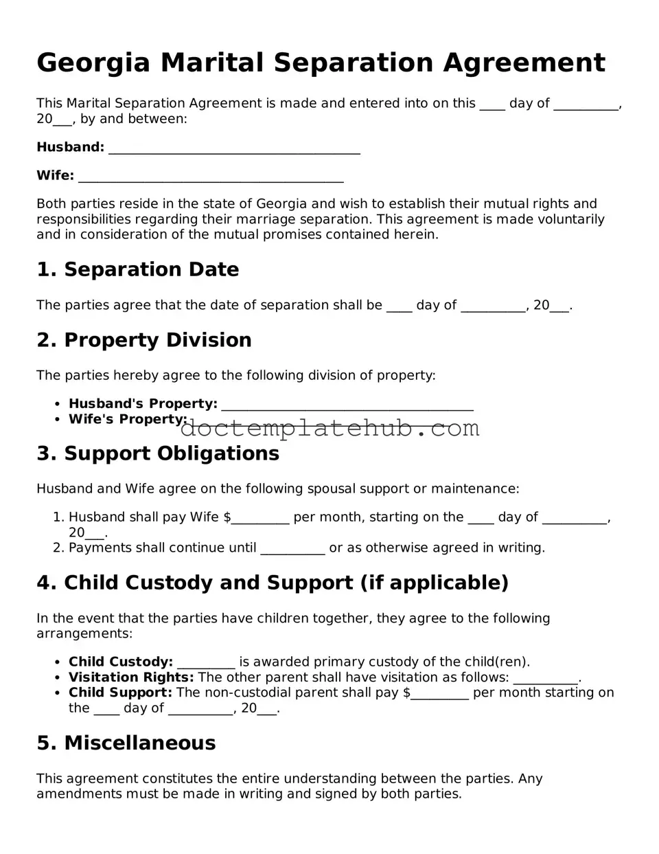 Fillable Marital Separation Agreement Template for Georgia State