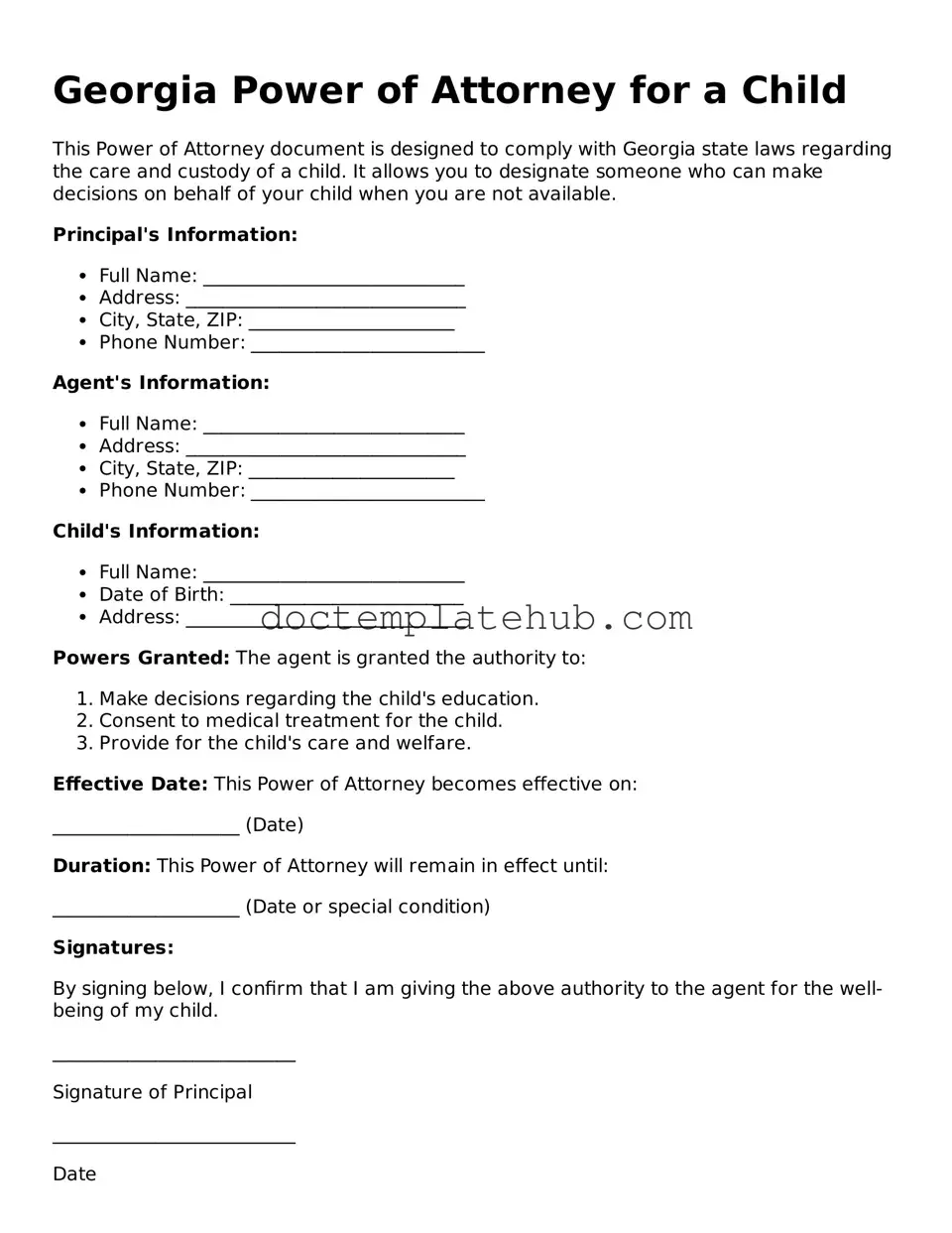 Fillable Power of Attorney for a Child Template for Georgia State