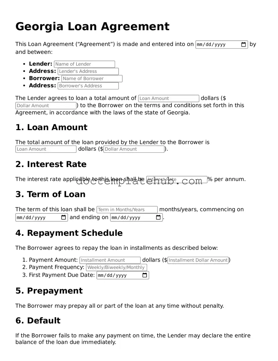 Fillable Loan Agreement Template for Georgia State
