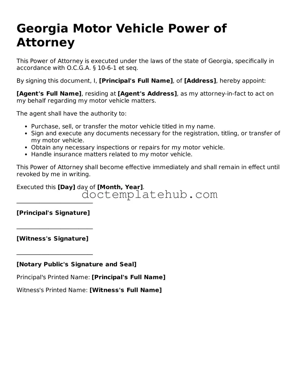 Fillable Motor Vehicle Power of Attorney Template for Georgia State