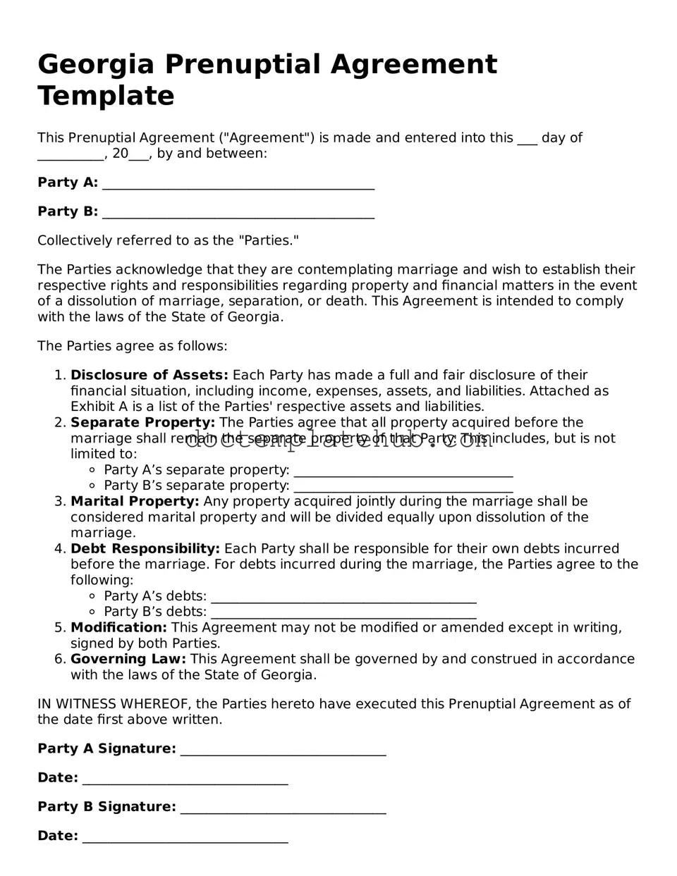 Fillable Prenuptial Agreement Template for Georgia State