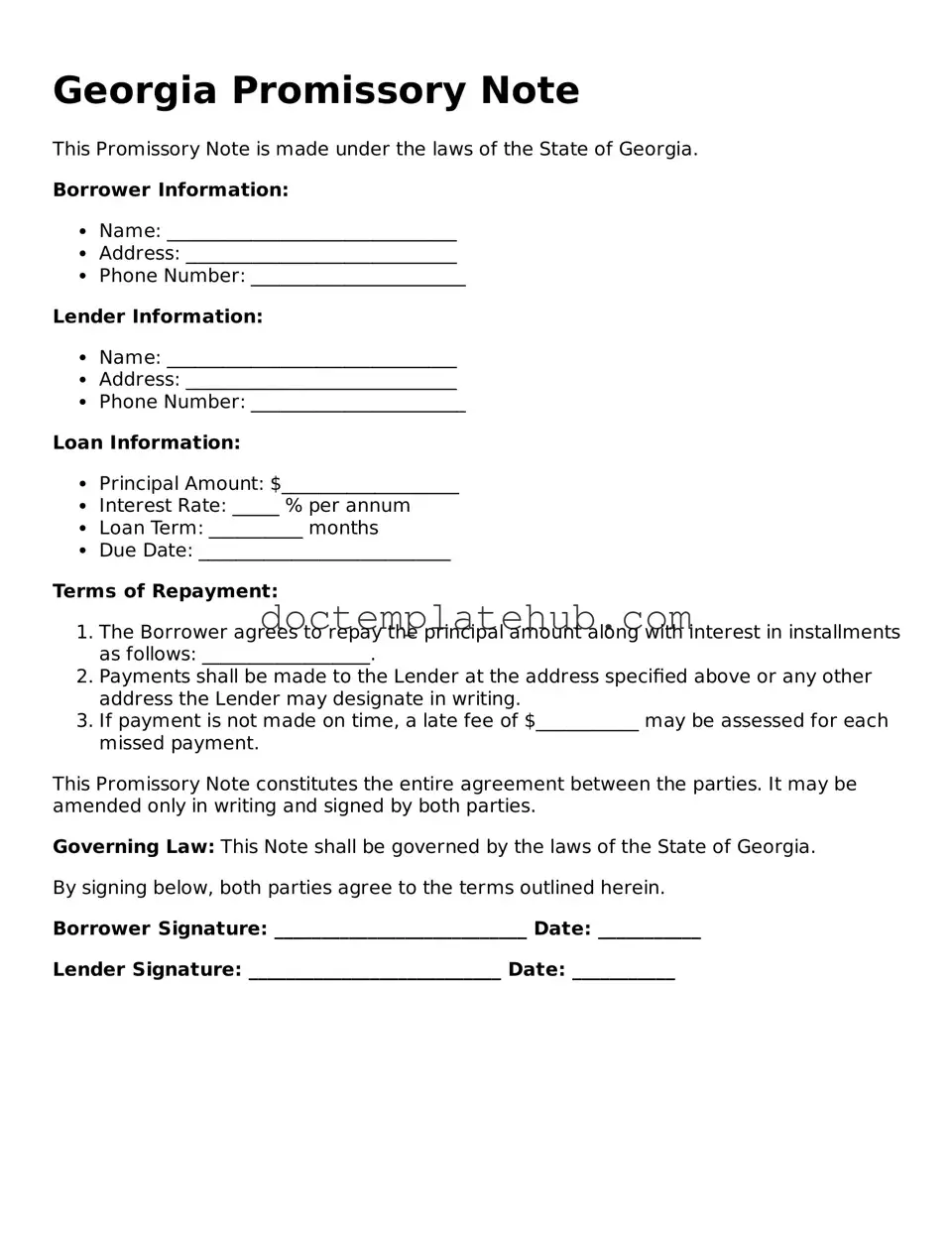 Fillable Promissory Note Template for Georgia State