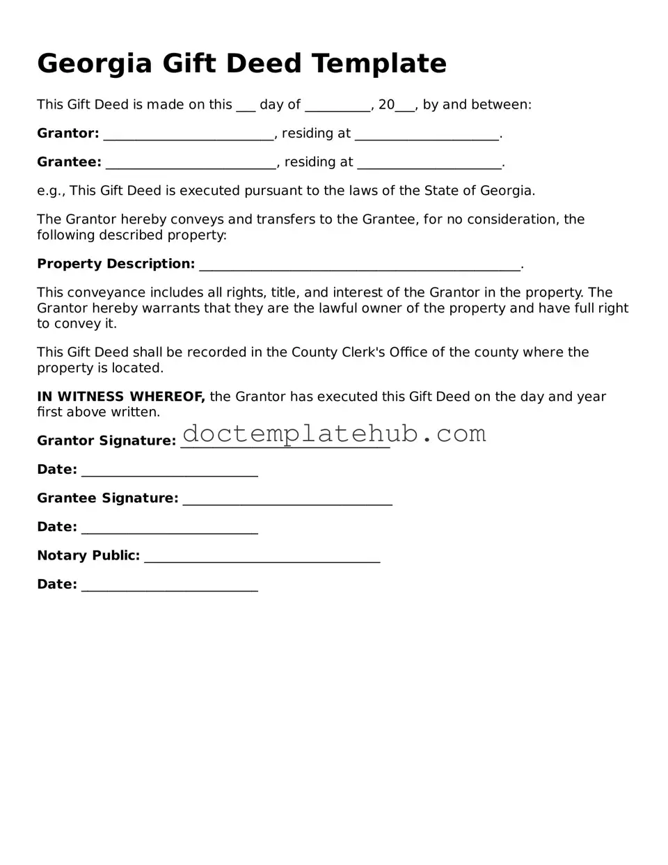 Fillable Gift Deed Template for Georgia State