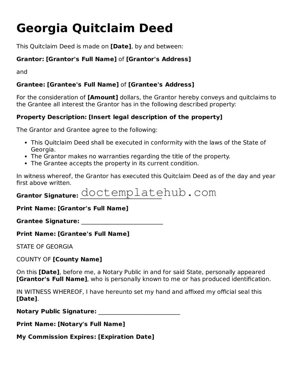 Fillable Quitclaim Deed Template for Georgia State