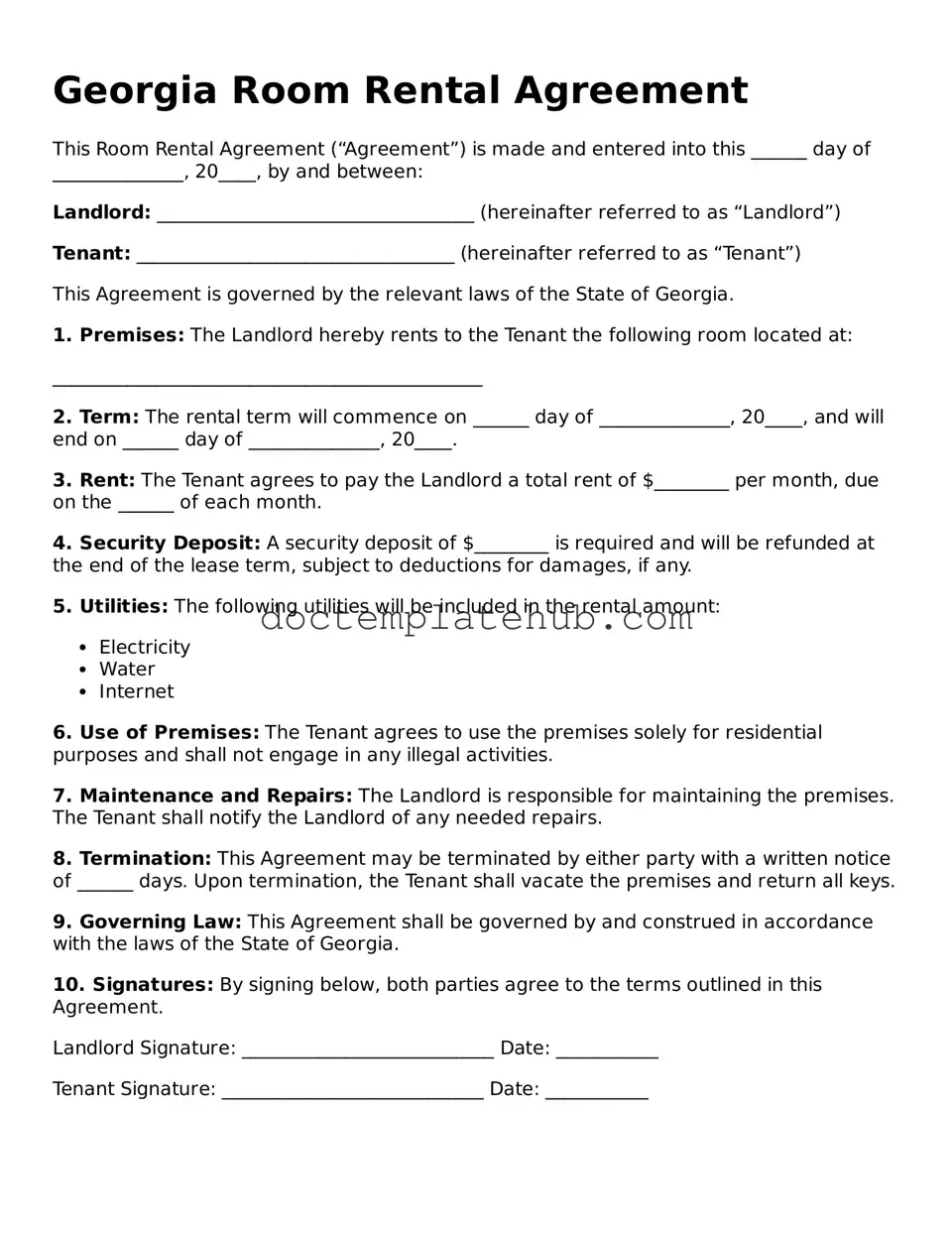 Fillable Room Rental Agreement Template for Georgia State