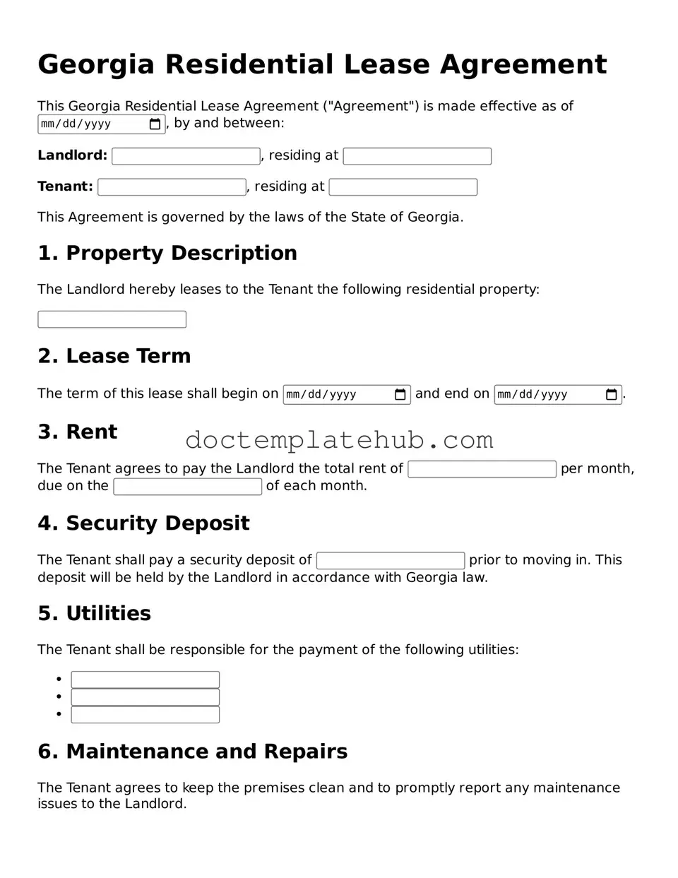 Fillable Residential Lease Agreement Template for Georgia State