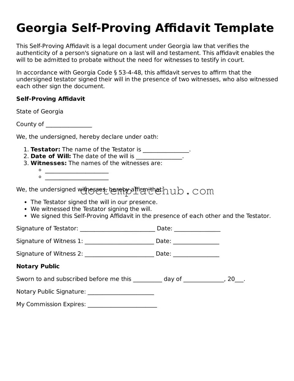 Fillable Self-Proving Affidavit Template for Georgia State
