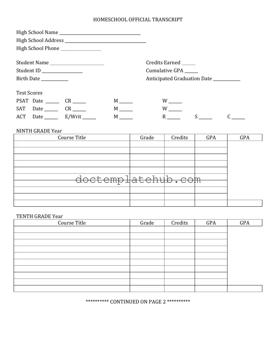 Fill Your High School Transcript Form