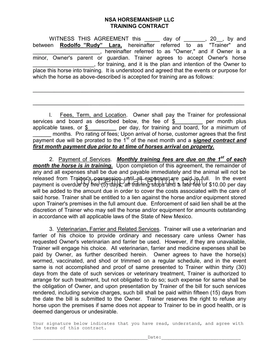 Fill Your Horse Training Contract Form