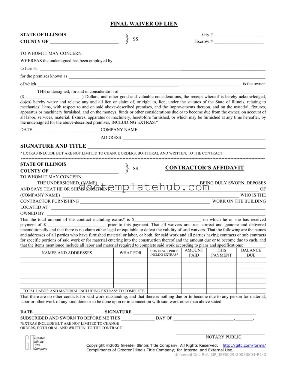 Fill Your Illinois Final Waiver Of Lien Form