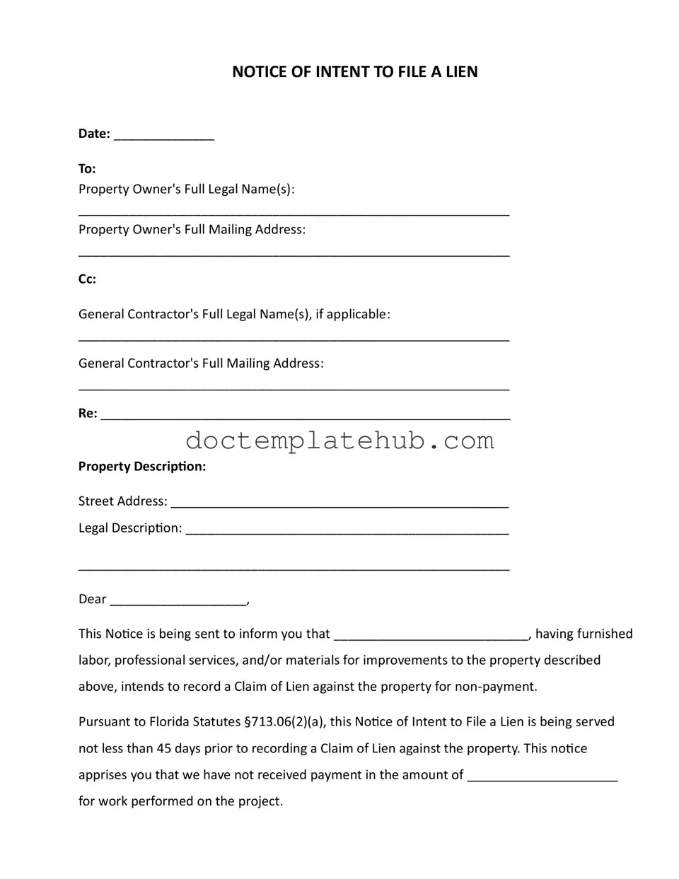 Fill Your Intent To Lien Florida Form