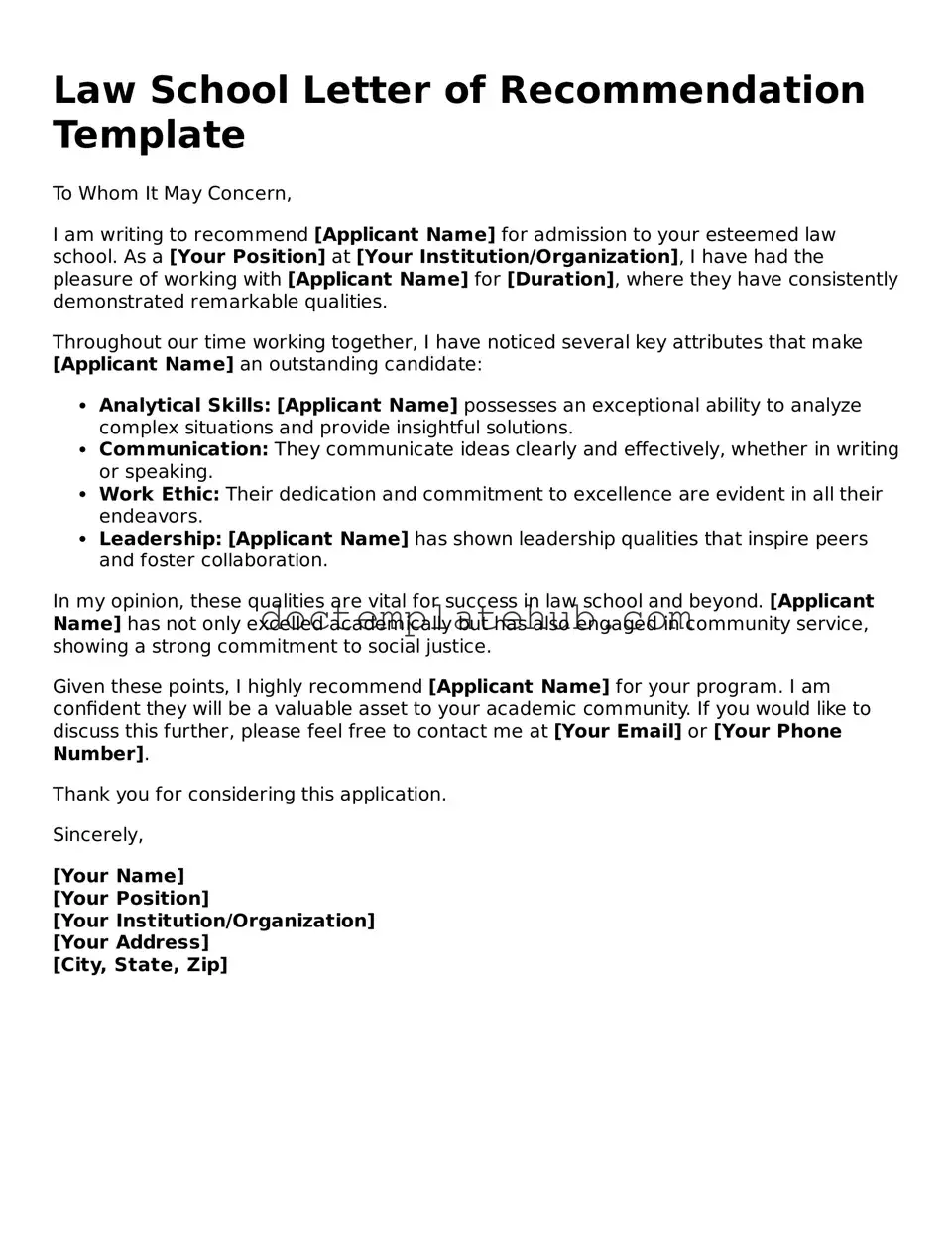 Official Law School Letter of Recommendation Form