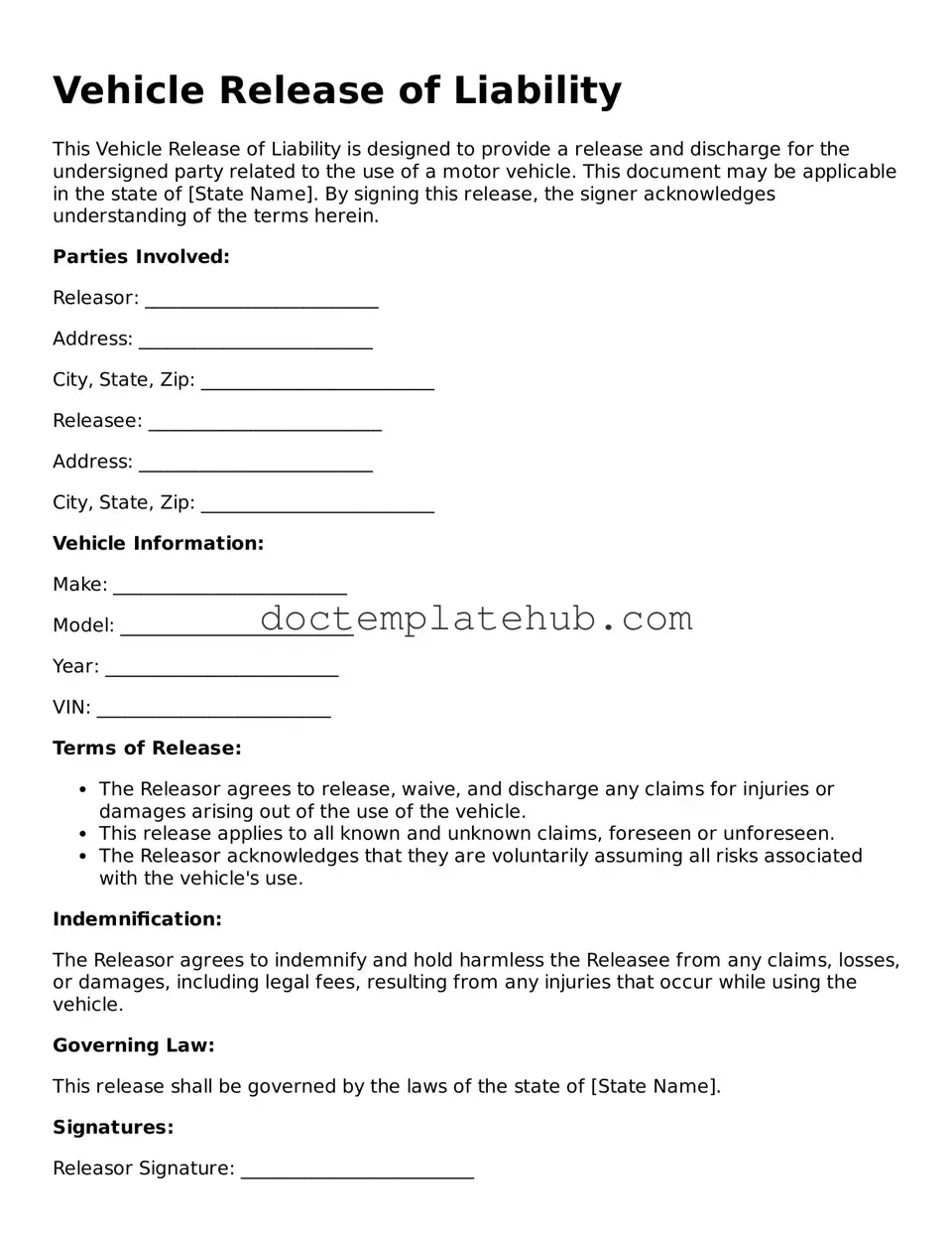 Official Vehicle Release of Liability Form