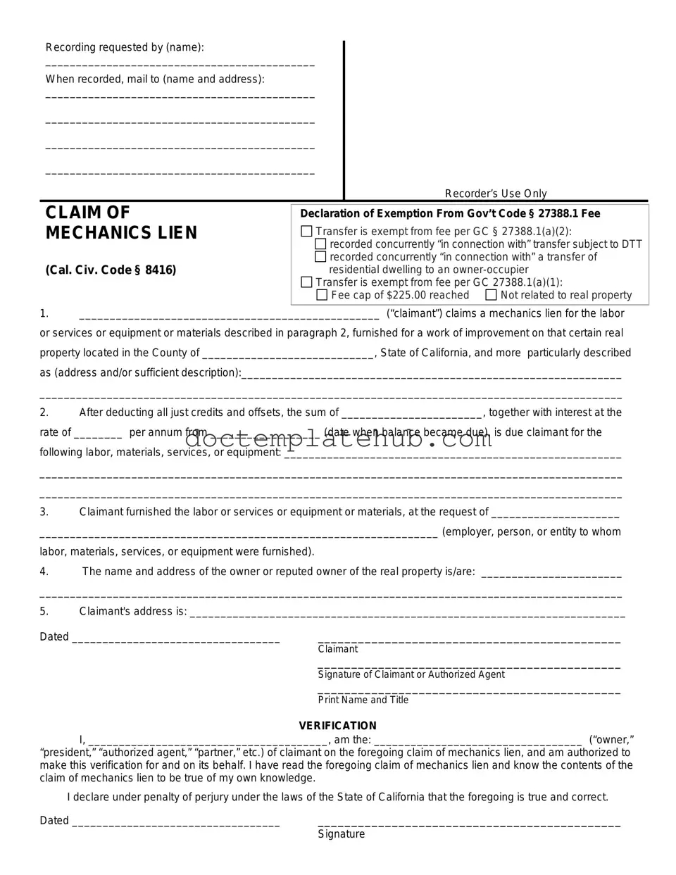 Fill Your Mechanics Lien California Form