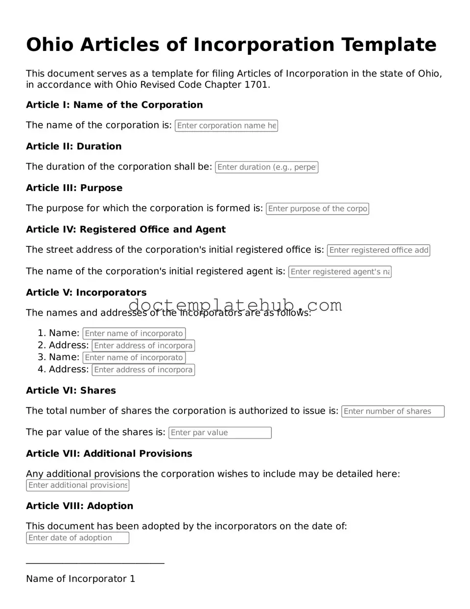 Fillable Articles of Incorporation Template for Ohio State
