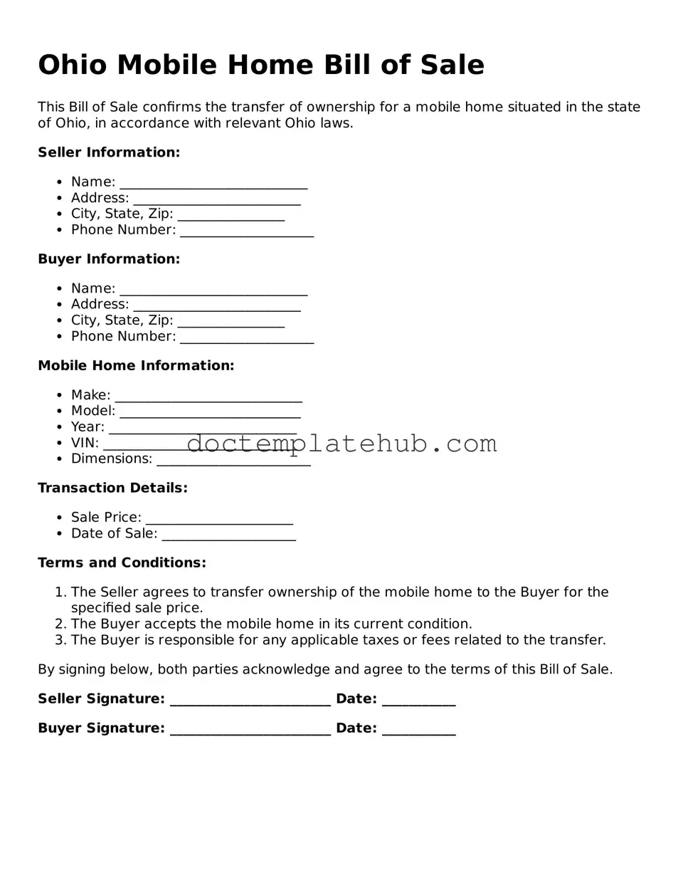 Fillable Mobile Home Bill of Sale Template for Ohio State