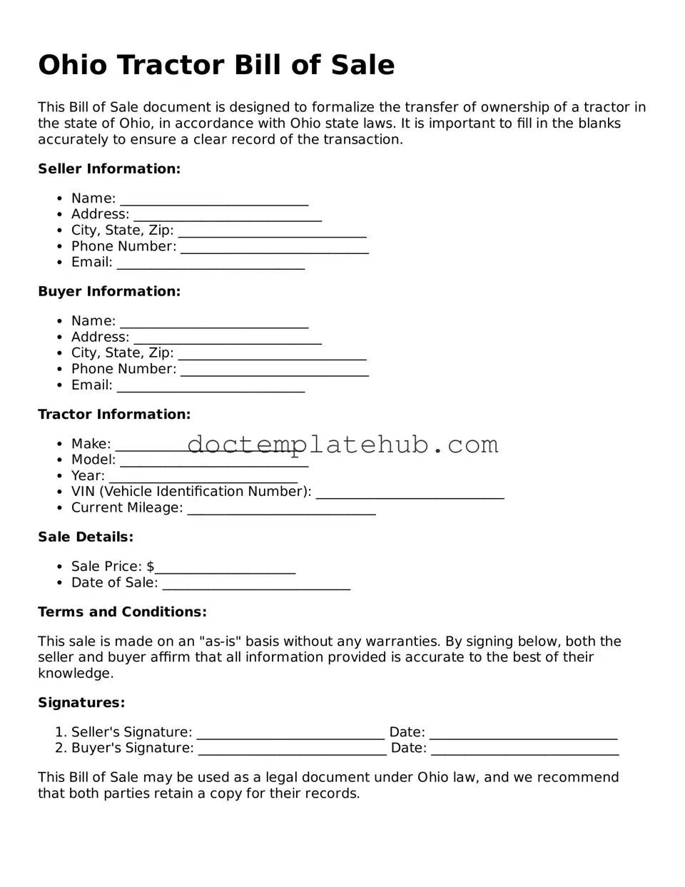 Fillable Tractor Bill of Sale Template for Ohio State
