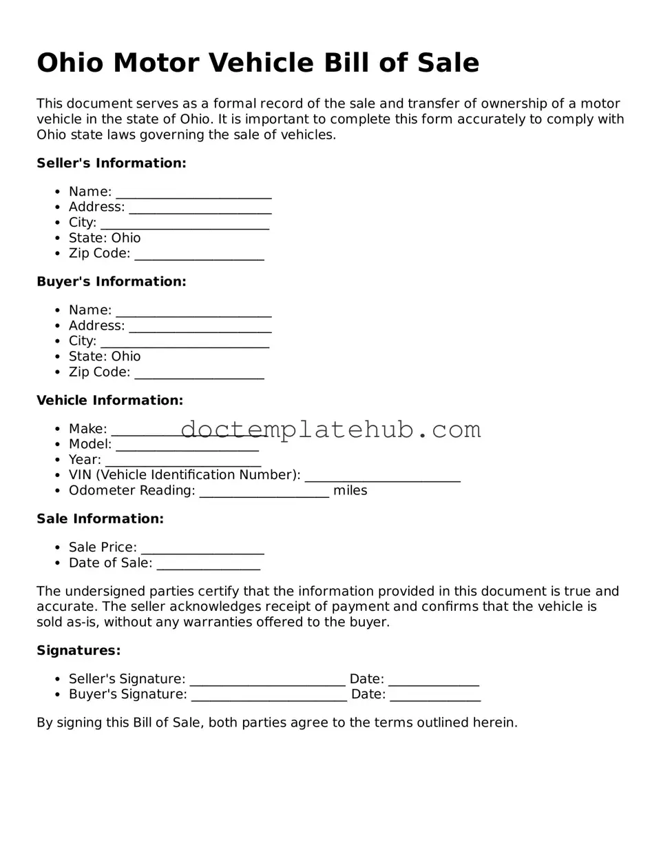 Fillable Motor Vehicle Bill of Sale Template for Ohio State