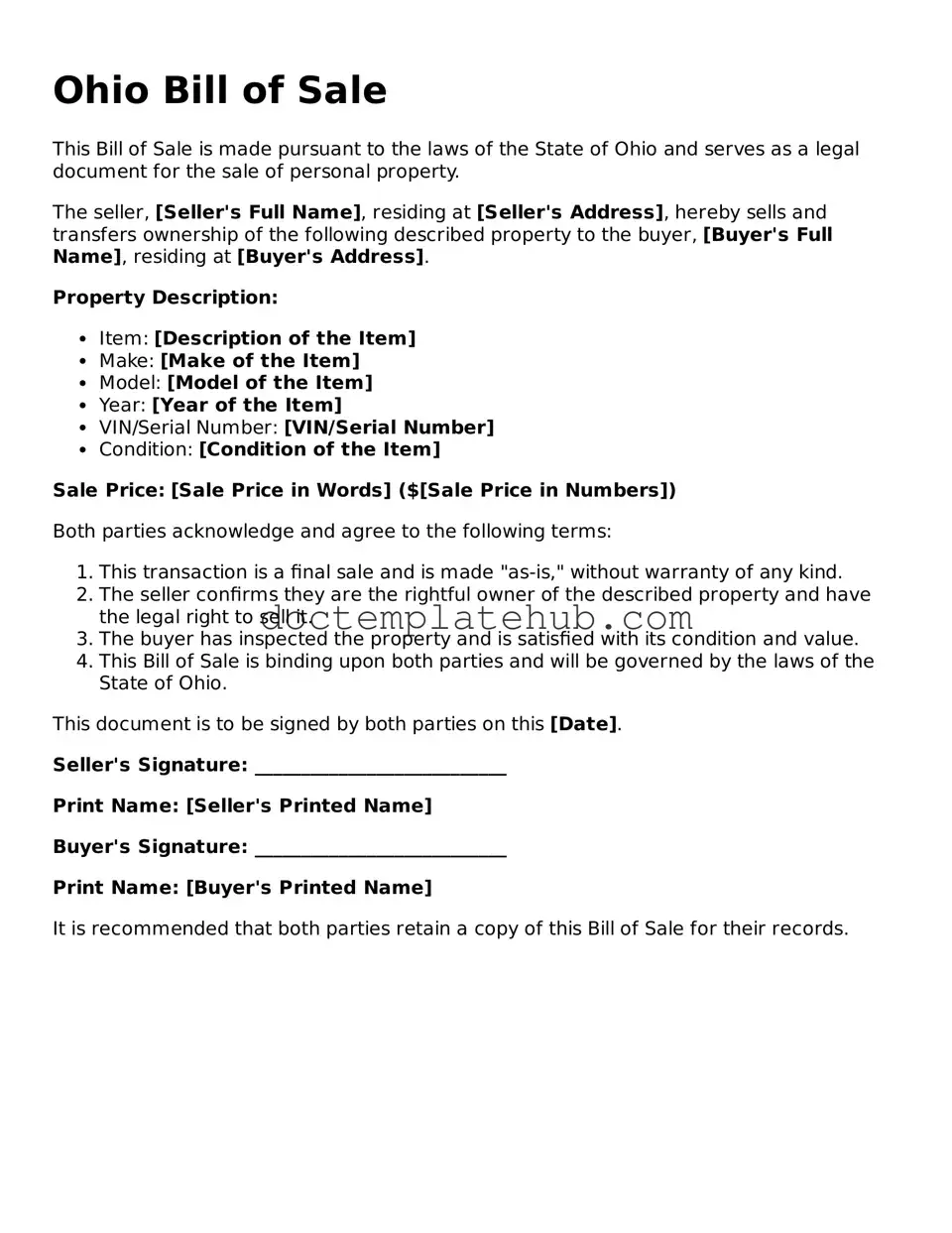 Fillable Bill of Sale Template for Ohio State
