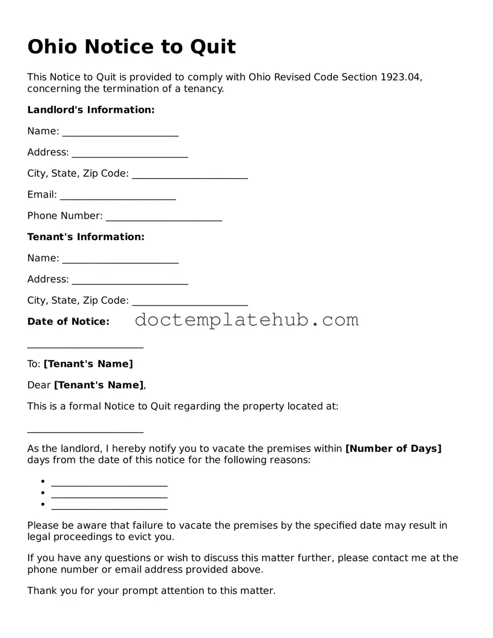 Fillable Notice to Quit Template for Ohio State