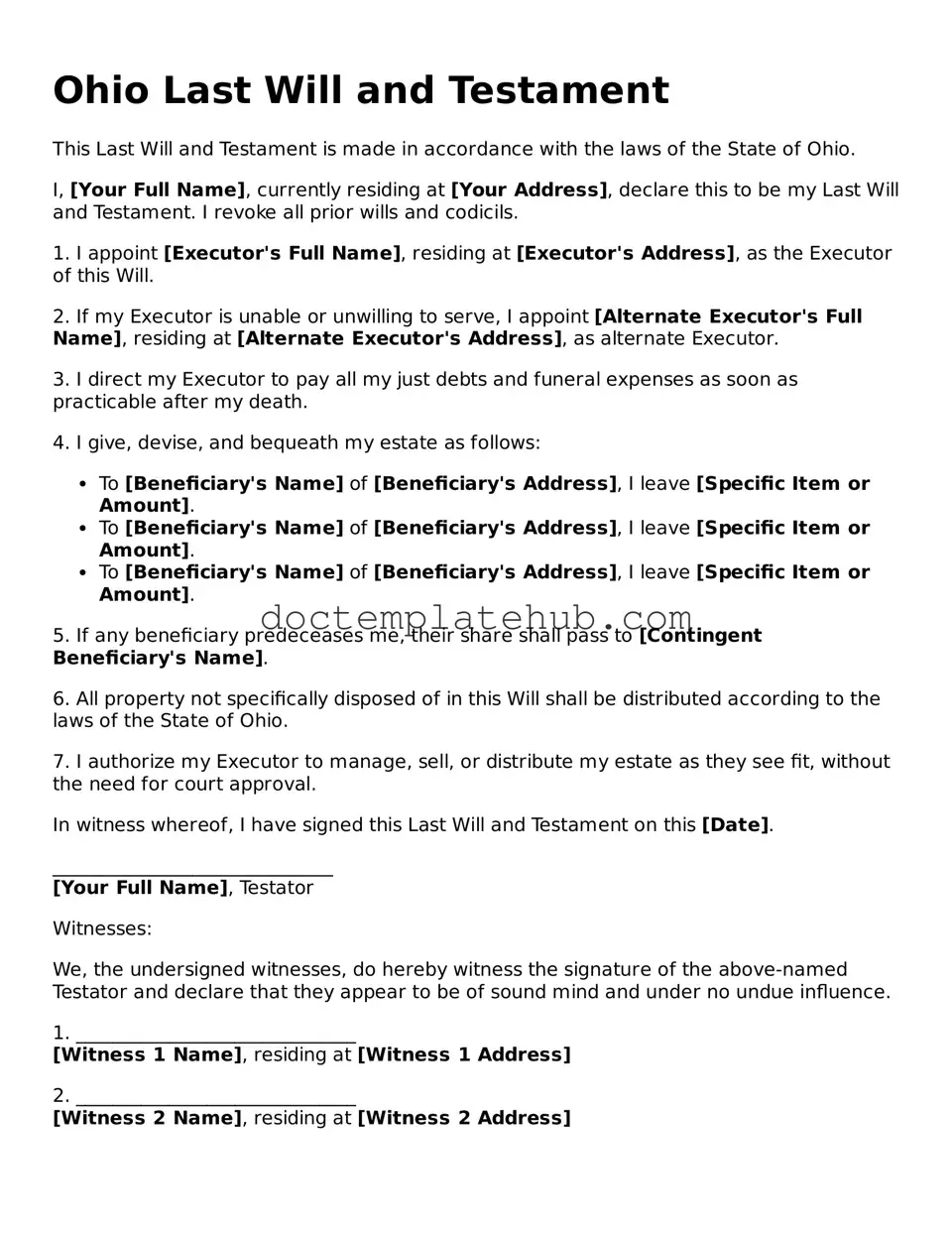 Fillable Last Will and Testament Template for Ohio State