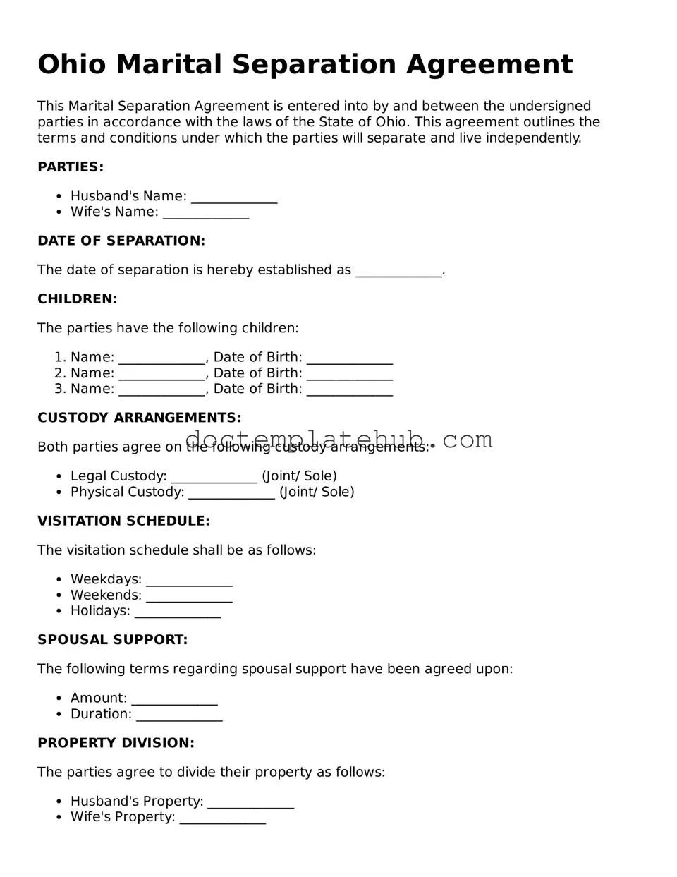 Fillable Marital Separation Agreement Template for Ohio State