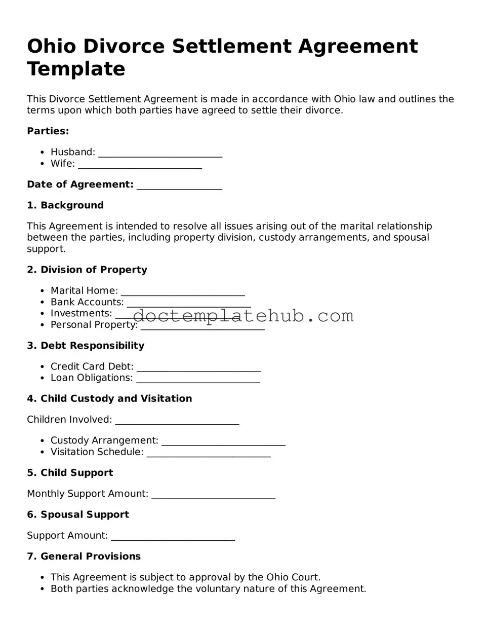 Fillable Divorce Settlement Agreement Template for Ohio State