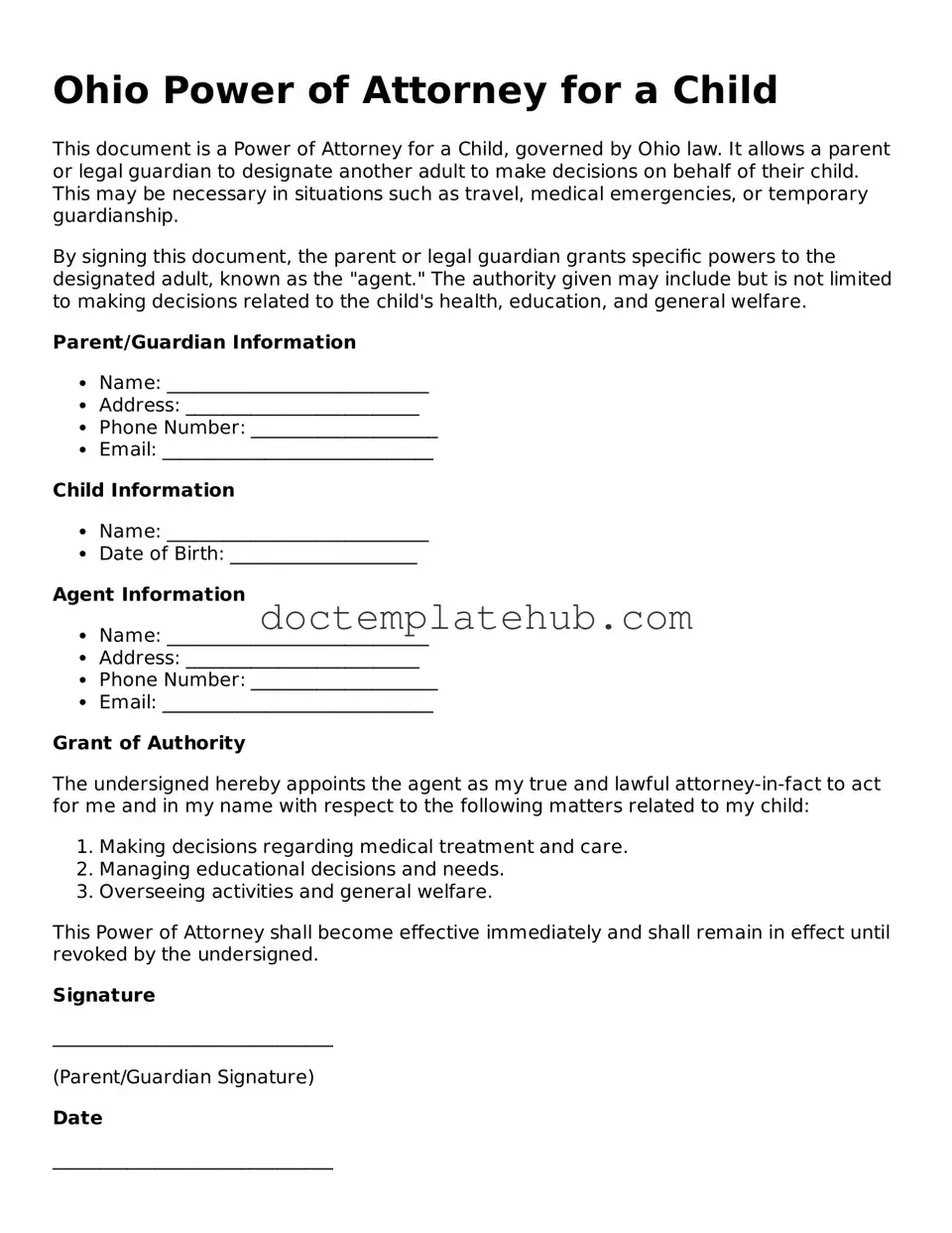 Fillable Power of Attorney for a Child Template for Ohio State