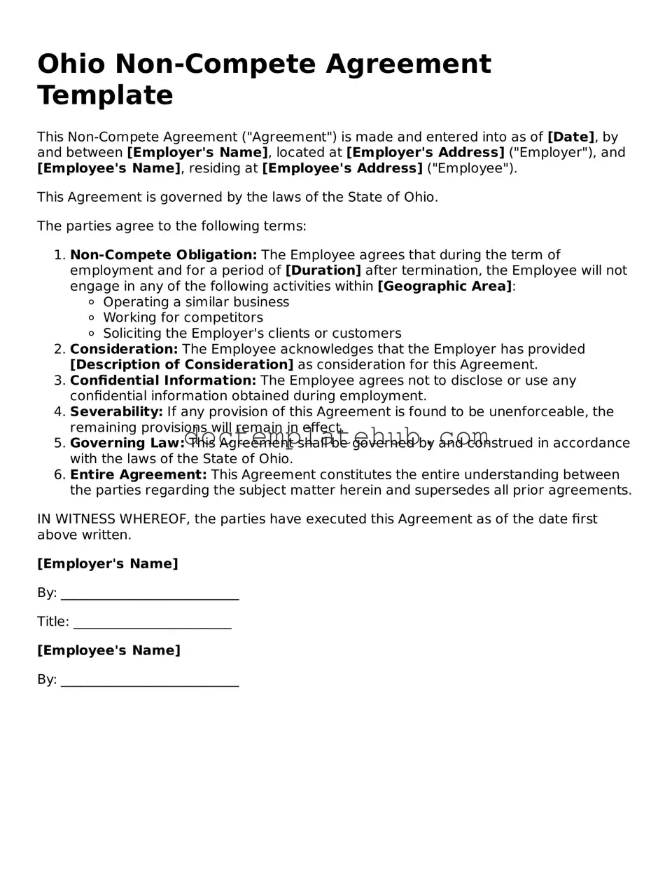 Fillable Non-compete Agreement Template for Ohio State