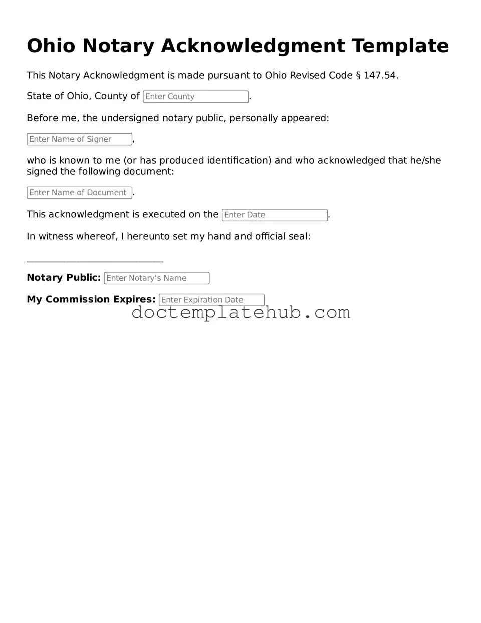 Fillable Notary Acknowledgement Template for Ohio State