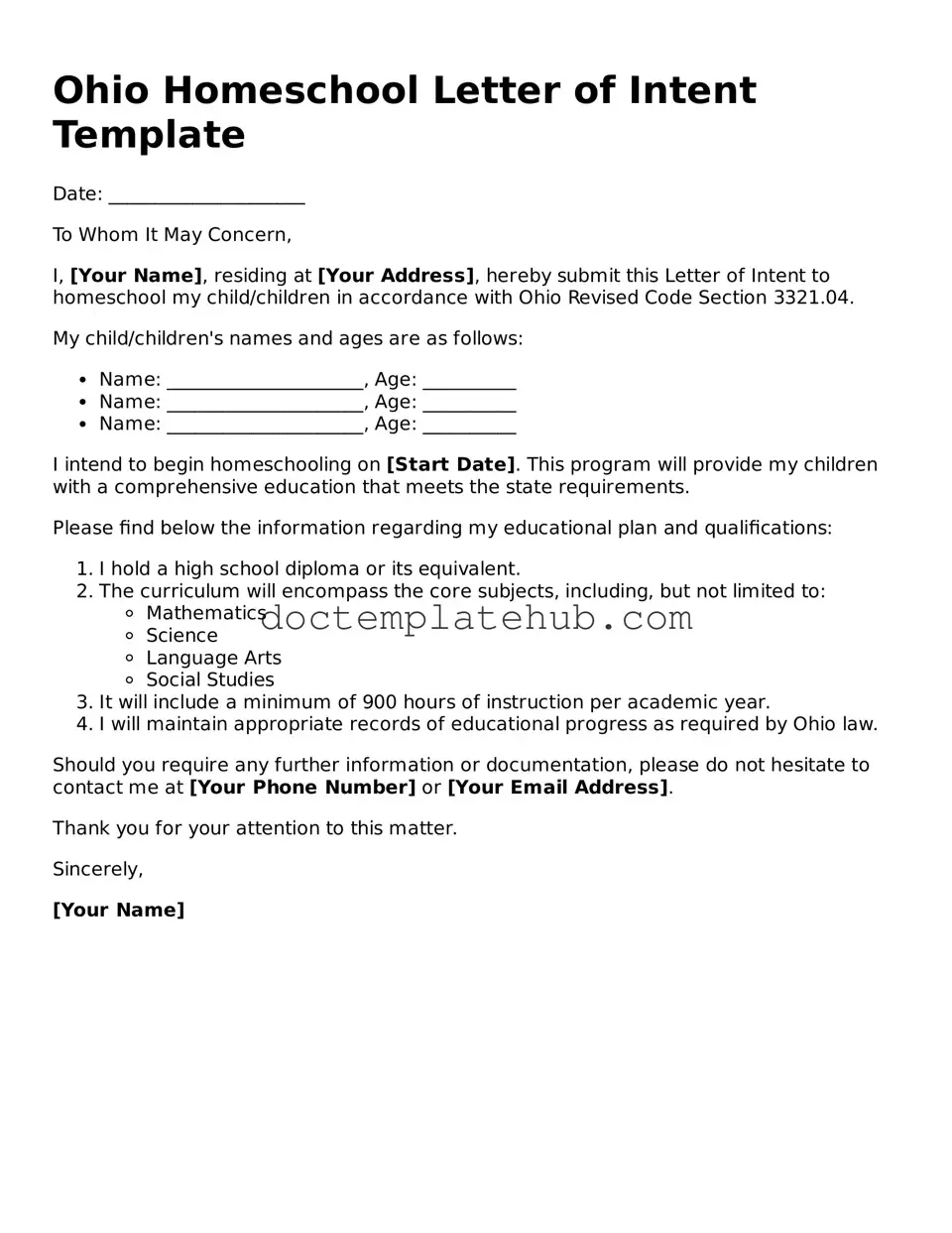 Fillable Homeschool Letter of Intent Template for Ohio State