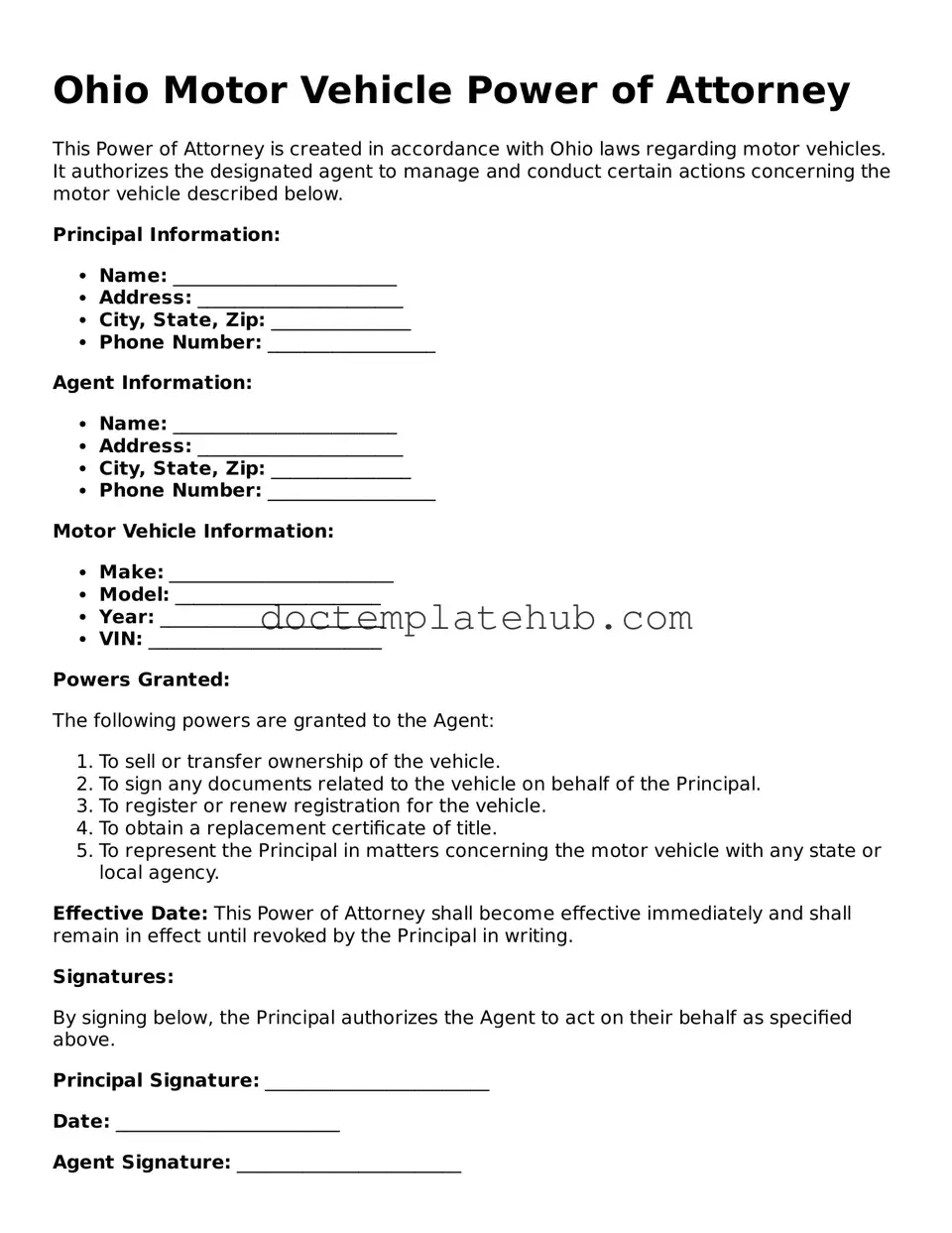 Fillable Motor Vehicle Power of Attorney Template for Ohio State