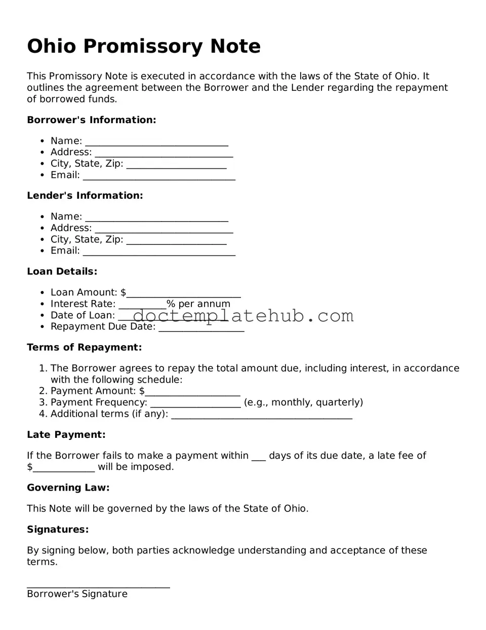 Fillable Promissory Note Template for Ohio State