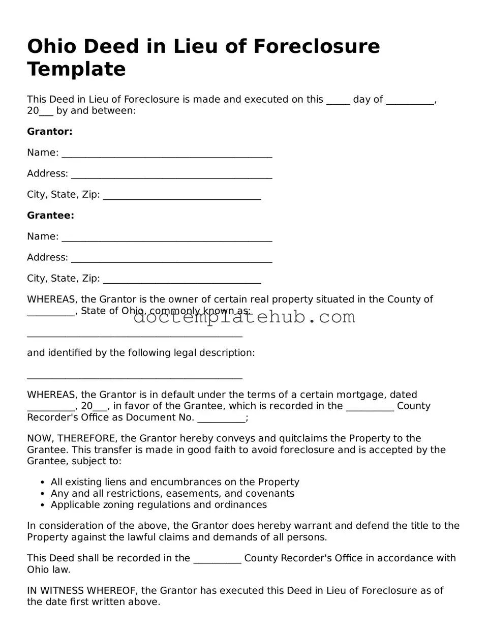 Fillable Deed in Lieu of Foreclosure Template for Ohio State