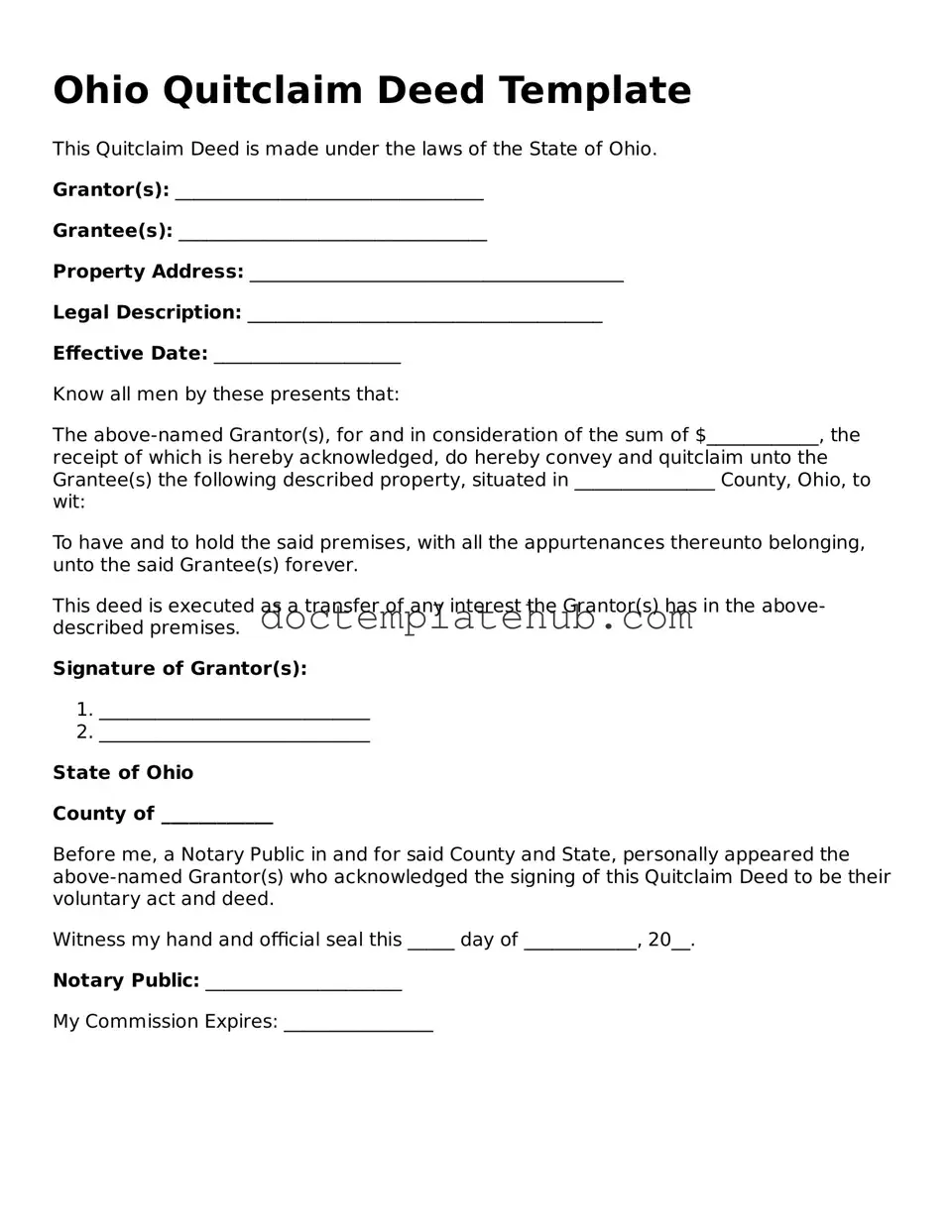 Fillable Quitclaim Deed Template for Ohio State