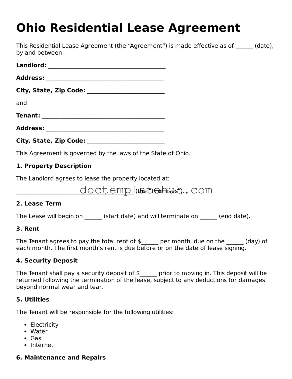 Fillable Residential Lease Agreement Template for Ohio State