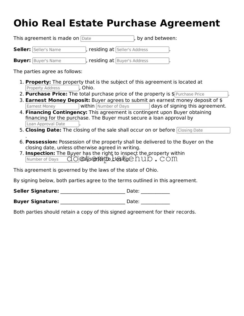Fillable Real Estate Purchase Agreement Template for Ohio State